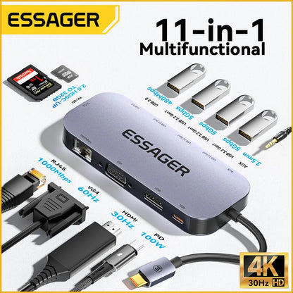 Essager 11 in 1 USB C HUB 4K 30HZ Type C Docking Station & Adapter Splitter