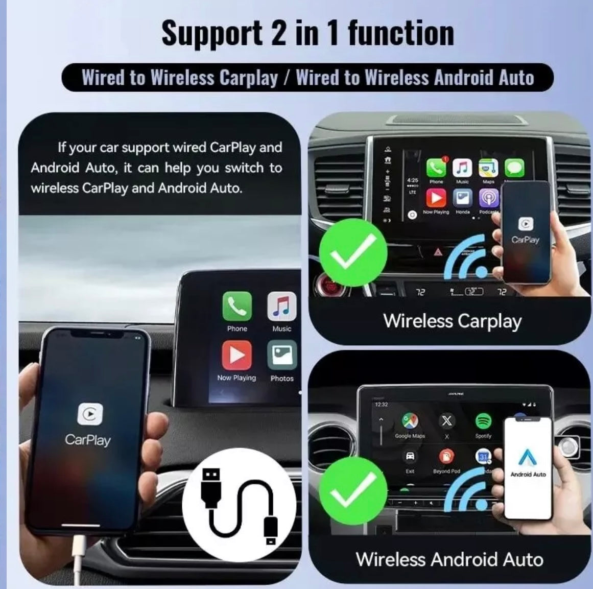 XUDA Wired To Wireless Adapter Dongle Apple Car Play Android Auto Connect BT 5.0