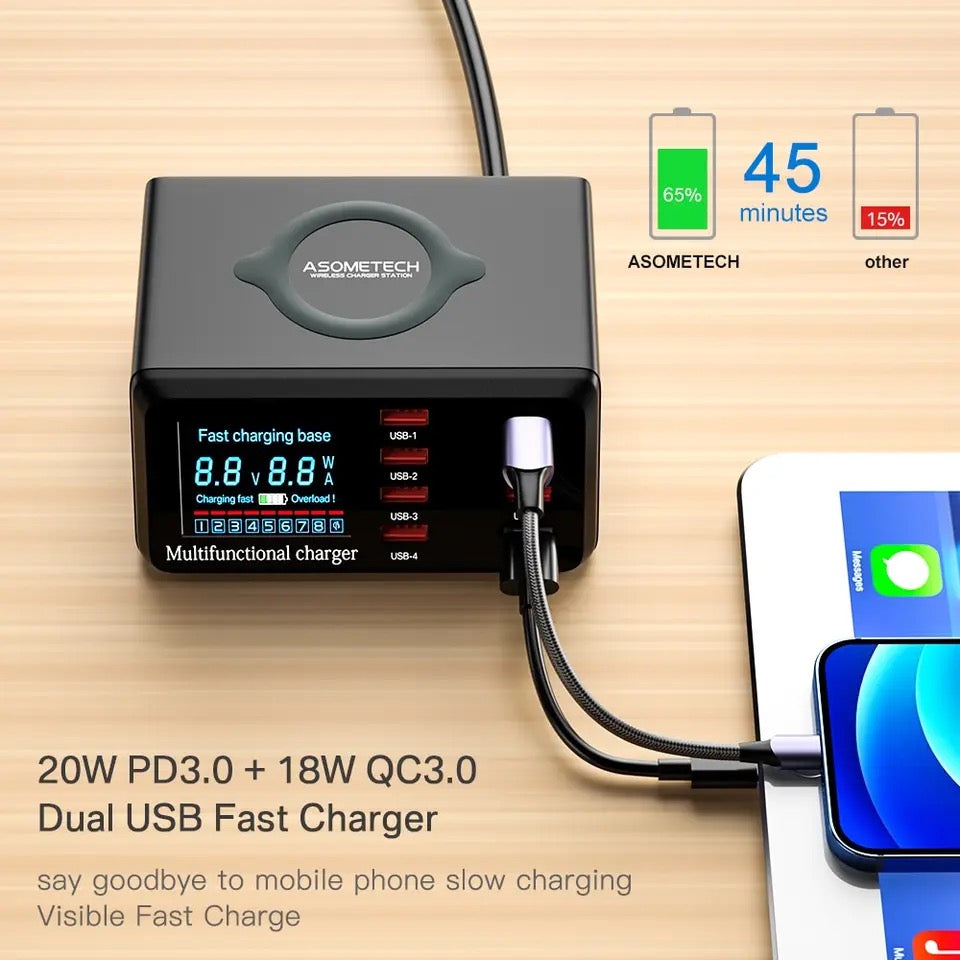 100W PD Desktop Charging Station Hub QC 3.0 USB 8 Port + Qi Wireless Charger UK