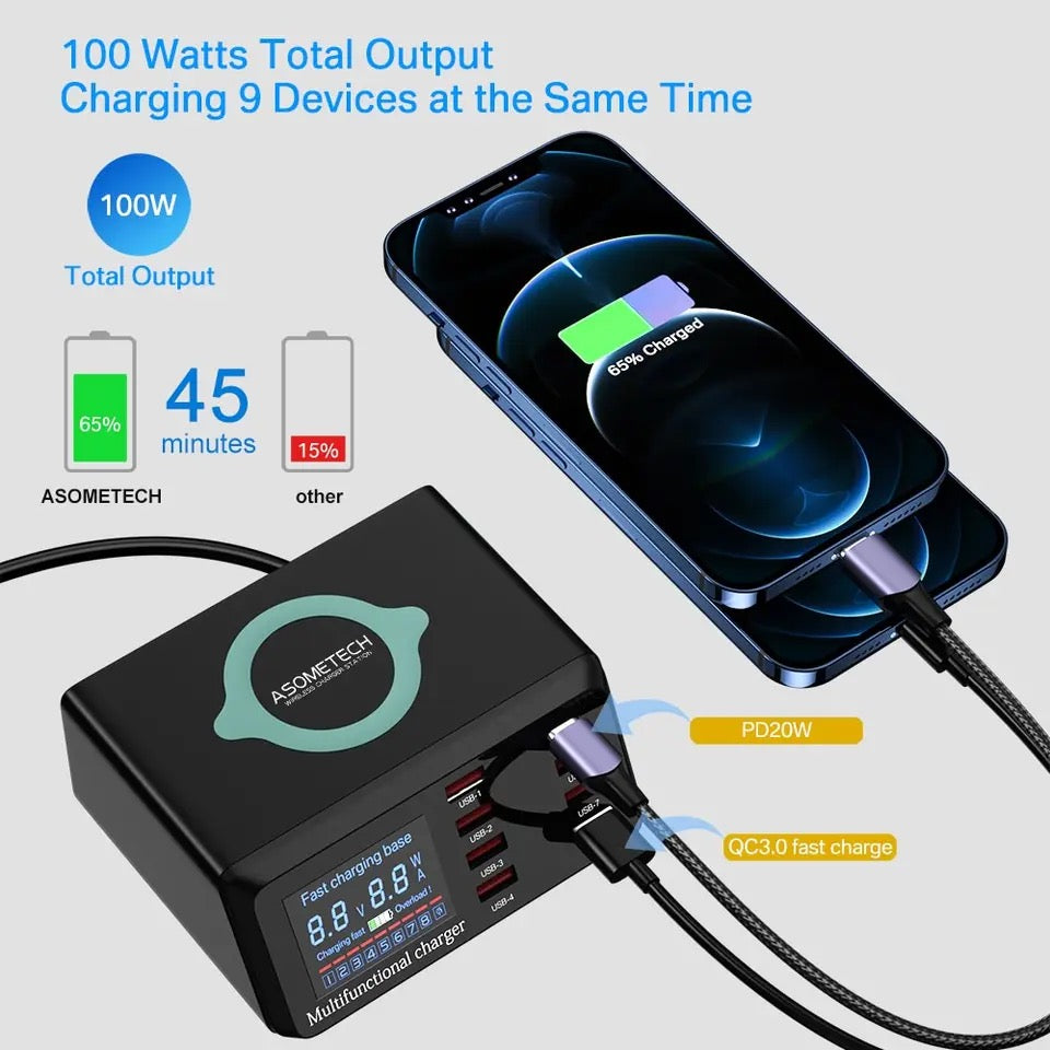 100W PD Desktop Charging Station Hub QC 3.0 USB 8 Port + Qi Wireless Charger UK