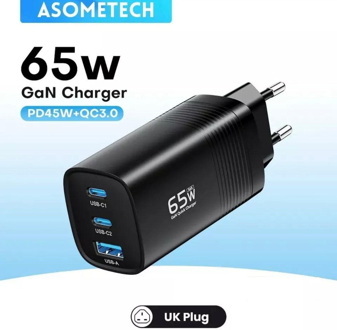 ASOMETECH 65W GaN Charger + 100W USB-C Cable UK 3 Pin Adapter Wall Plug PD QC4.0